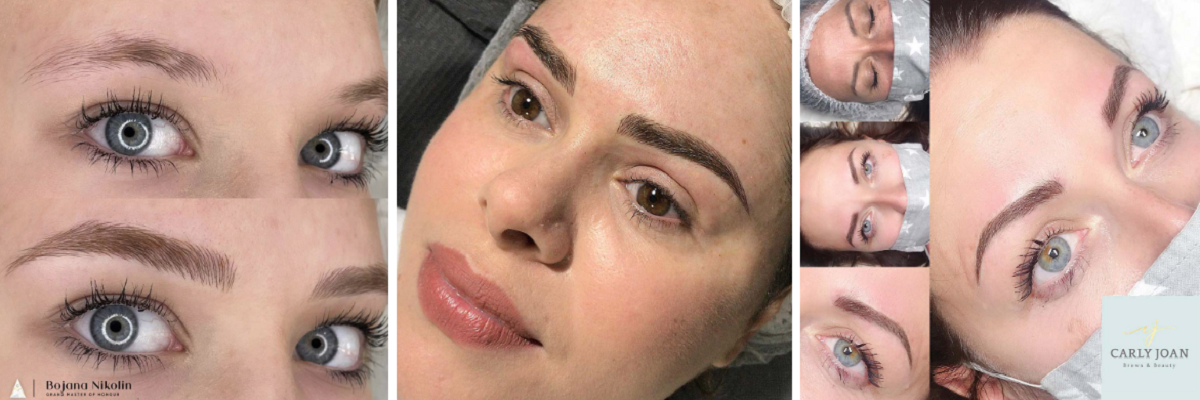 Grid showing microblading results of using Brown 1 Pigment shades on eyebrows on 3 women Grid showing microblading results of using Brown 1 Pigment shades on eyebrows on 3 women