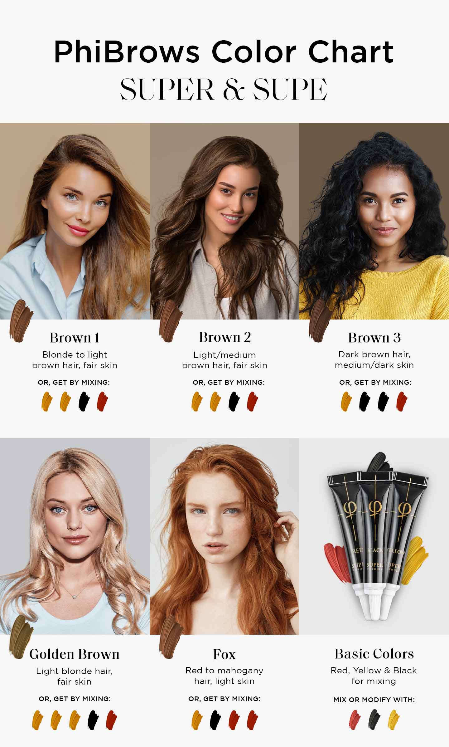 PhiBrows color chart to show which hair tone matches which pigment shade PhiBrows color chart to show which hair tone matches which pigment shade