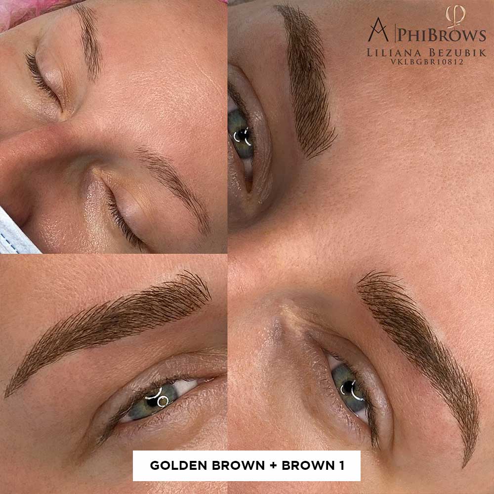 Grid showing microblading results of mixing Brown 1 and Golden Brown on woman with green eyes Grid showing microblading results of mixing Brown 1 and Golden Brown on woman with green eyes