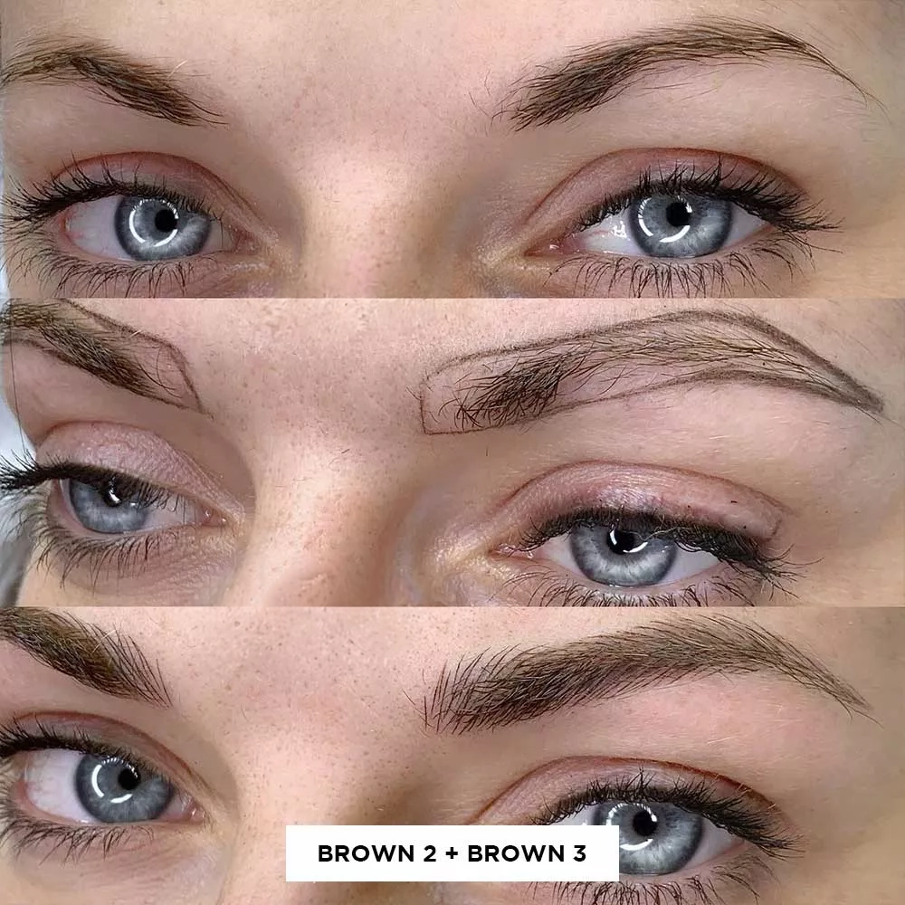 Grid showing before and after microblading results of mixing Brown 2 and Brown 3 on woman with blue eyes Grid showing before and after microblading results of mixing Brown 2 and Brown 3 on woman with blue eyes
