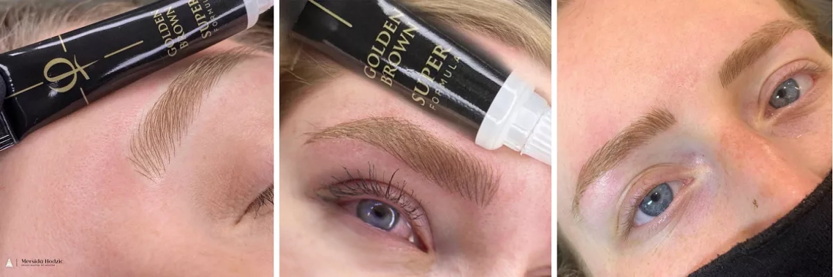 Grid showing microblading results of using Golden Brown Pigment on eyebrows on woman with blue eyes Grid showing microblading results of using Golden Brown Pigment on eyebrows on woman with blue eyes